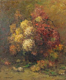 LOUIS BONAMICI (FRENCH, 1878-1966).: Oil on Canvas. Chrysanthemums. 1960. Signed lower left. Titled and dated verso. From a Flushing, NY collection. - Dimensions: 29" high x 23.75" wide