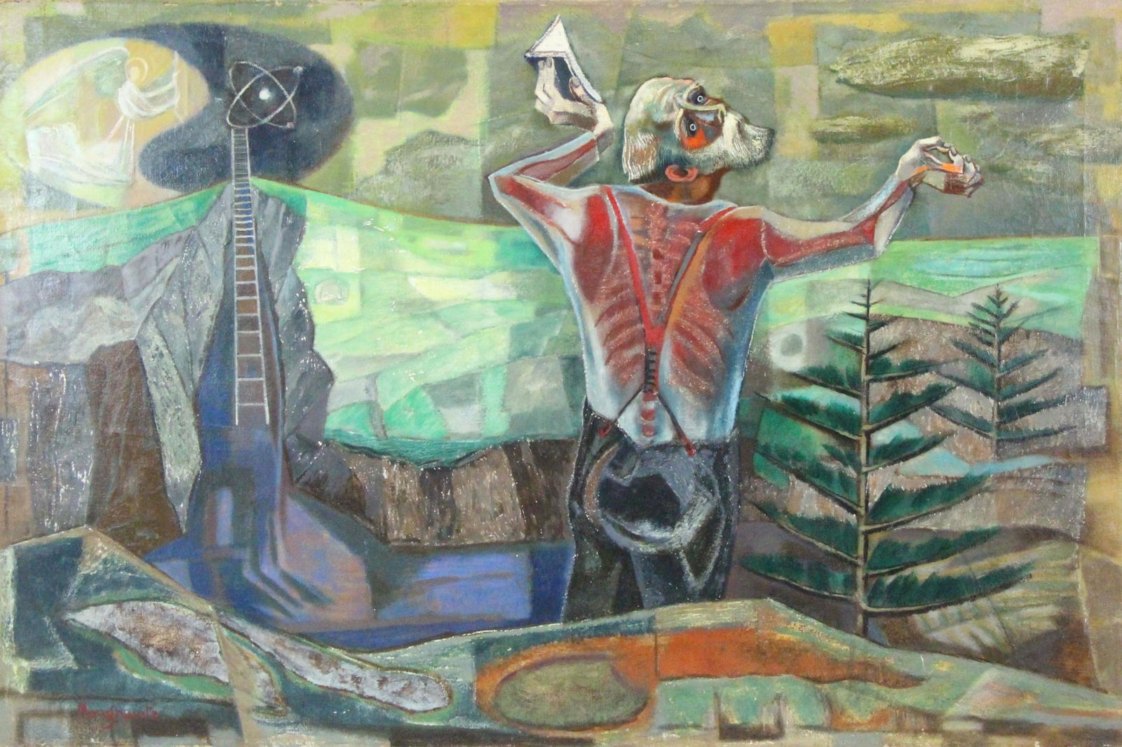 PEPPINO MANGRAVITE (AMERICAN, 1896-1976).: Oil on Canvas. Surreal Scene. Signed lower left. Inscribed verso. Label affixed lower right. With Burchfield Center exhibition literature. From a Flushing, NY collection. - Dimensions: 30.25" high x 4