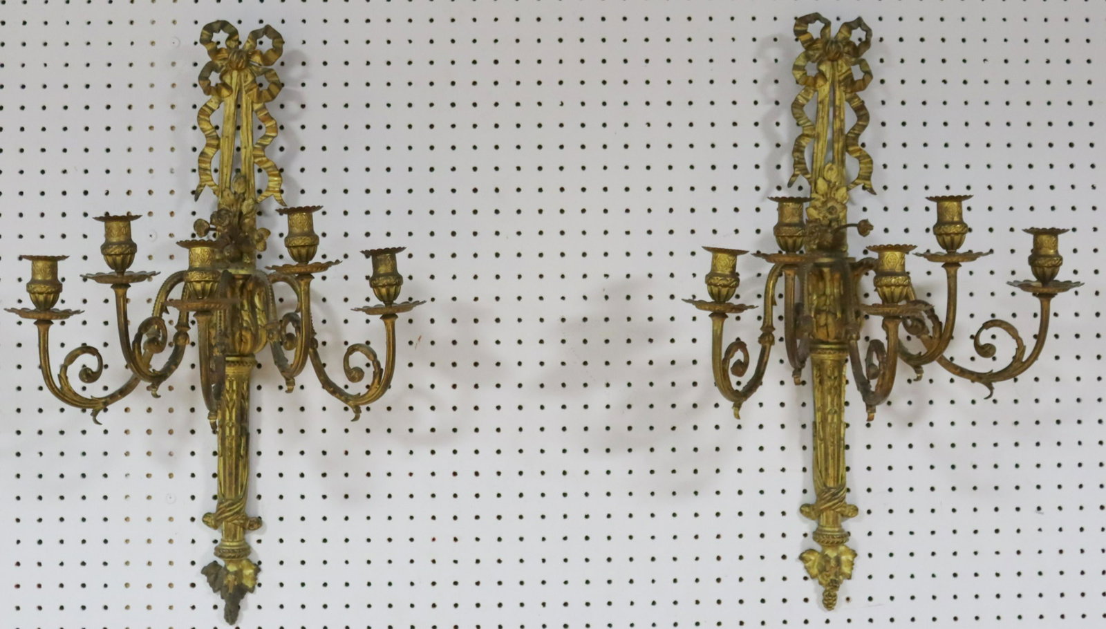 Pair Or Antique Gilt Bronze Sconces: Nice large size and Caldwell quality. Apparently unsigned and from a Greenwich CT estate. - Dimensions: 16.5" w x 28" h