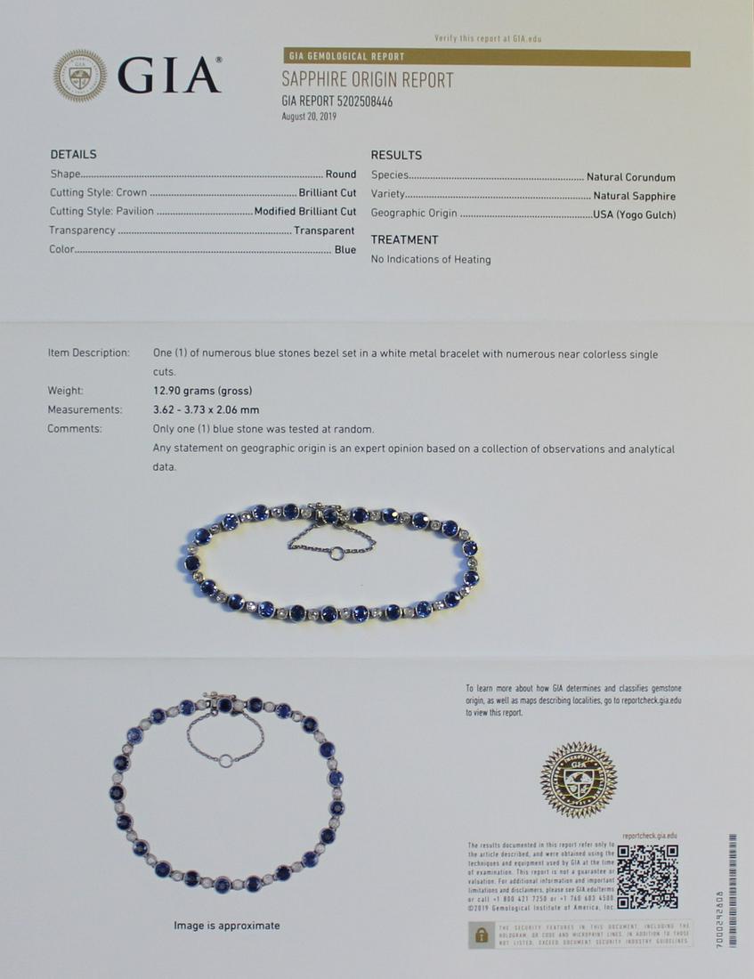 JEWELRY. French Platinum and Yogo Gulch Sapphire: Bracelet. French Edwardian platinum bracelet set with (21) colette set round cut sapphires and (21) colette set single cut diamonds. Accompanied by an August 20th, 2019 Sapphire Origin Report, no. 520