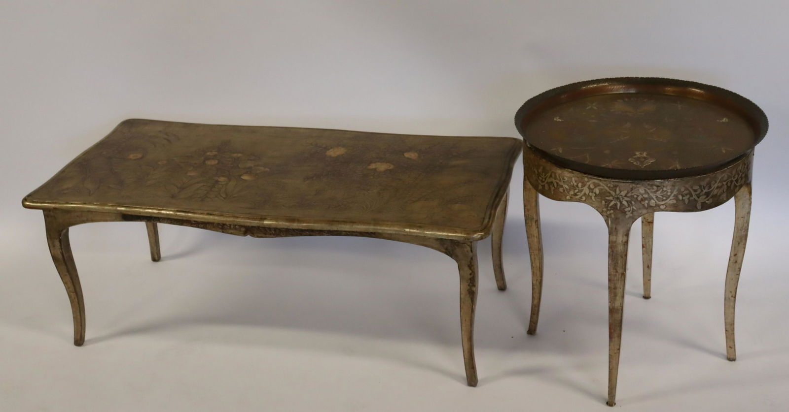 Max Kuehne (U.S.A. / Germany 1880 - 1968) Signed: Coffee Table and End Table (22" x 24.5"H). The table signed lr rt faintly and the end table with metal top apparently unsigned, MAX KUEHNE; Coffee table,1930s; Silver leaf and polychrome on