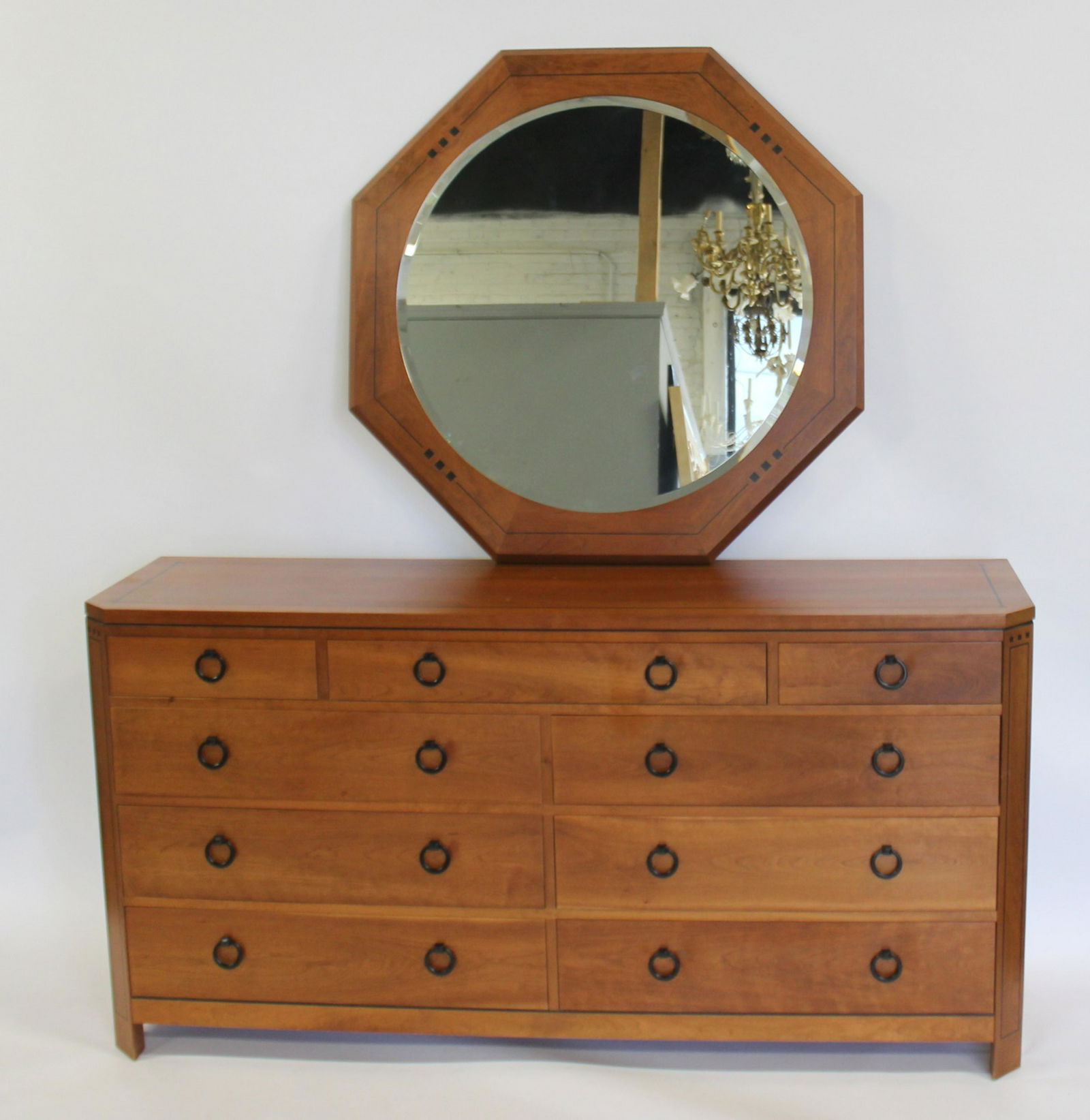 E.J. Stickley Audi Dresser And Mirror: In Cherrywood and from a White Plains estate. - Dimensions: 69" x 19" x 35"H; Mirror 40.5"
