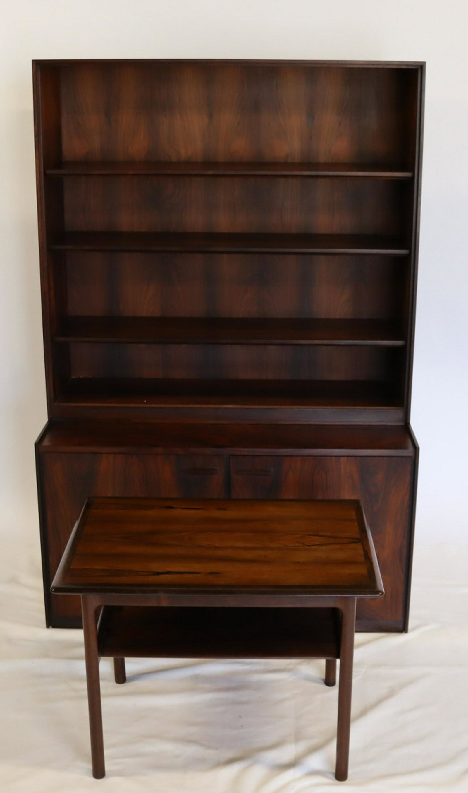 MIDCENTURY. Rosewood 2 Piece Cabinet / Vitrine: Together with a Rosewood end table (27.5" x 20" x 21"H). The cabinet includes are two glass sliding doors. Upper cabinet: 41"x 12" x39" and lower cabinet 41"x 19.5&q
