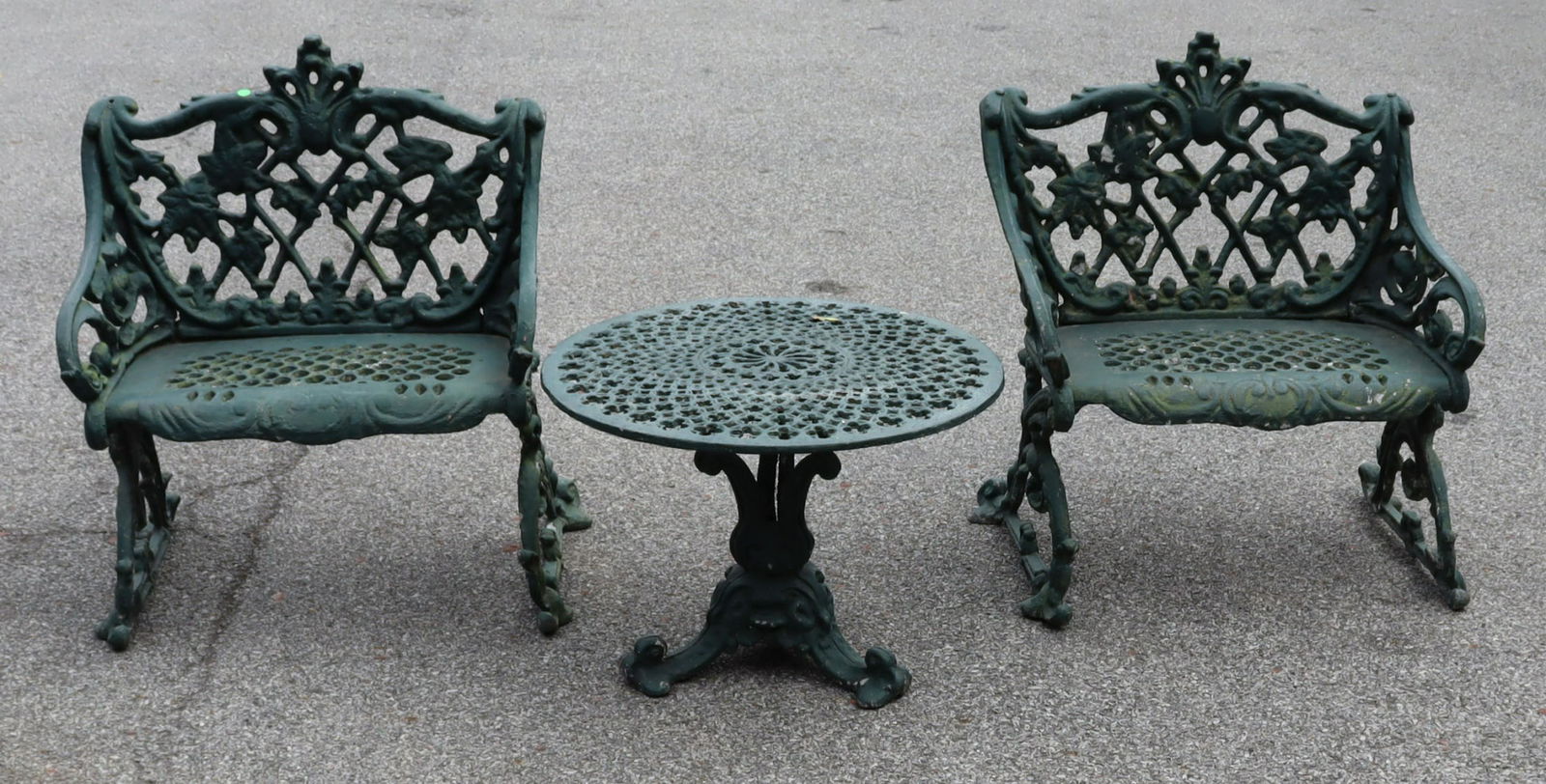Outdoor Aluminum Table and Two Chairs: Dimensions: Table - 24.5" dia x 17" h, Chairs - 26" x 16" d x 31.25" h