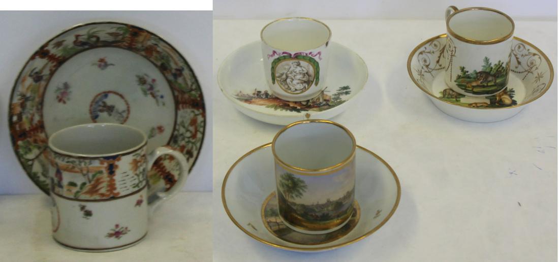 4 Antique Porcelain Cups and Saucers: To include a Meissan saucer war battle scene, woman with swan cup, Aesop Fable cup and saucer set with L hallmark, L.S. Munchen cup and saucer set, antique Chinese export ceremonial cup & saucer.