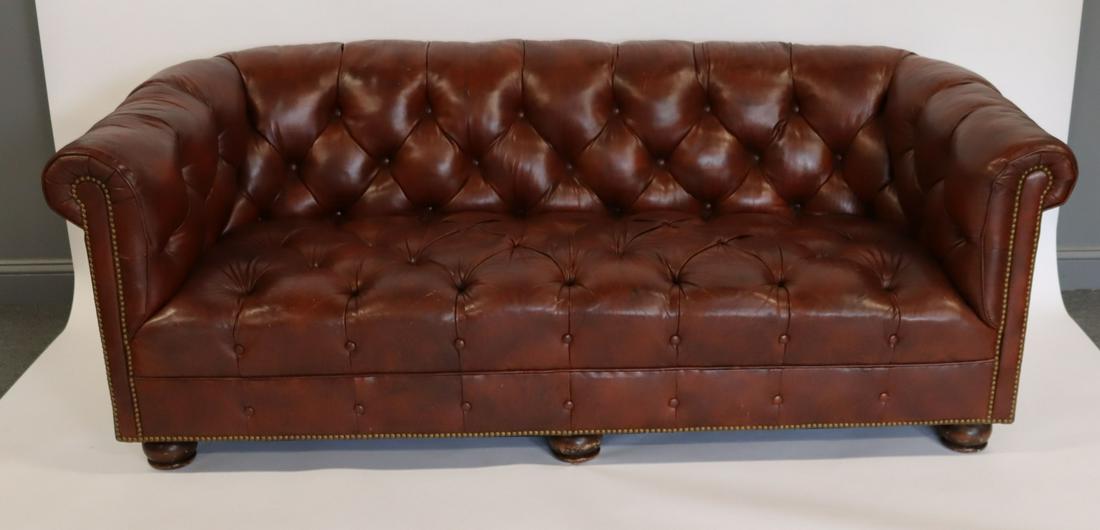Fine Quality Leather Upholstered Chesterfield Sofa: Nice deep rich color and subtle leather Chesterfield sofa. From a Westchester, NY estate. - Dimensions: 80" x 35" x 30.5"h