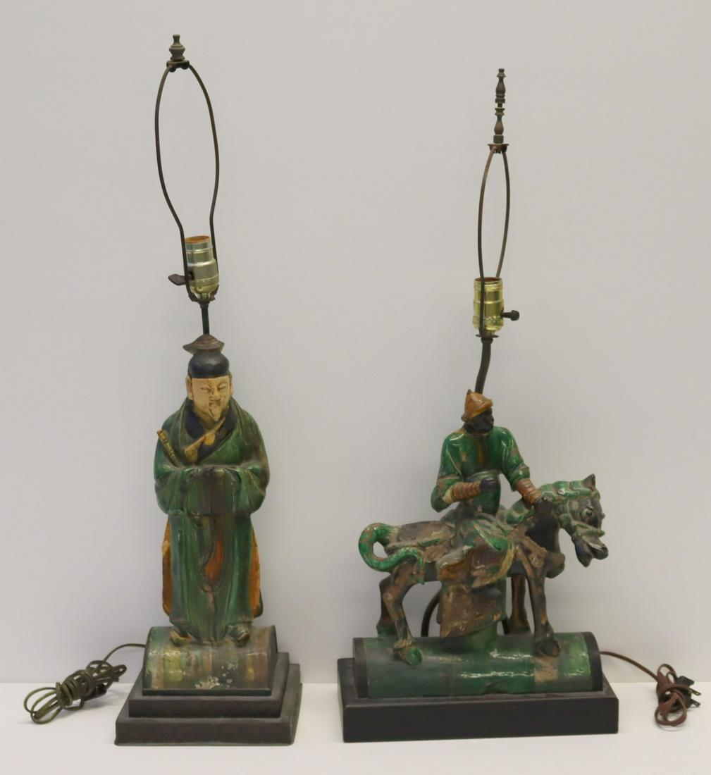 2 Antique Chinese Glazed Figural Tile Lamps.: From a Gardsen City, estate .16"H the figure and 12" x 13" the horse