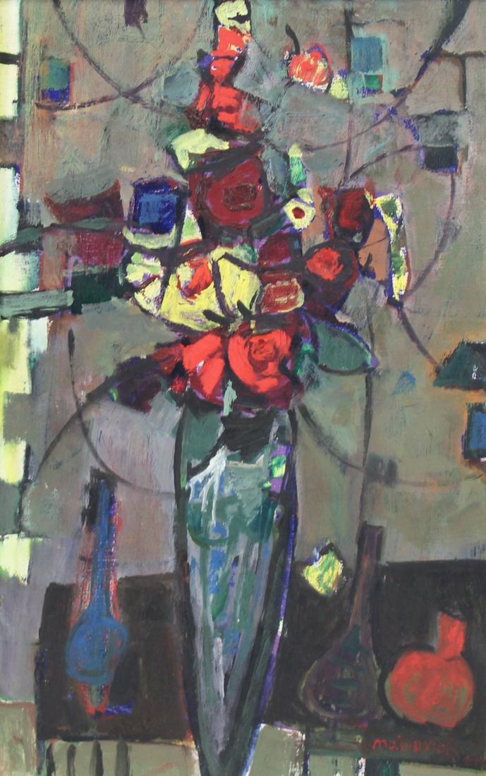 ZVI MAIROVICH (ISRAELI, 1911-1974).: Oil on Canvas. Floral Still Life. Signed lower right. Signed verso. From a Rockland County, NY collection. - Dimensions: 24.25" high x 15" wide