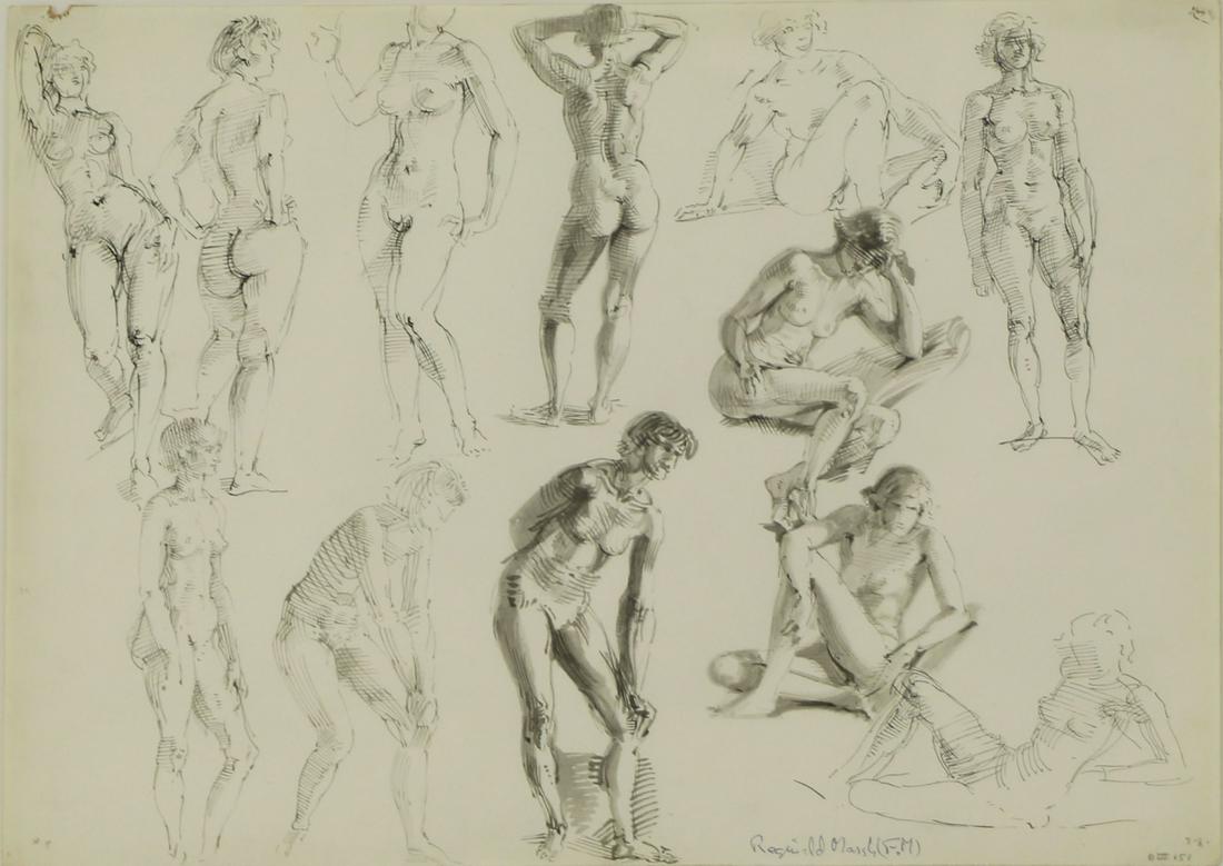 REGINALD MARSH (AMERICAN, 1898-1954).: Pen, ink, and wash. "Twelve Female Nudes". Signed lower right. Sanford Smith Fine Art label affixed verso. James Goodman Gallery Label Affixed verso. Charles Band Penney collection label aff