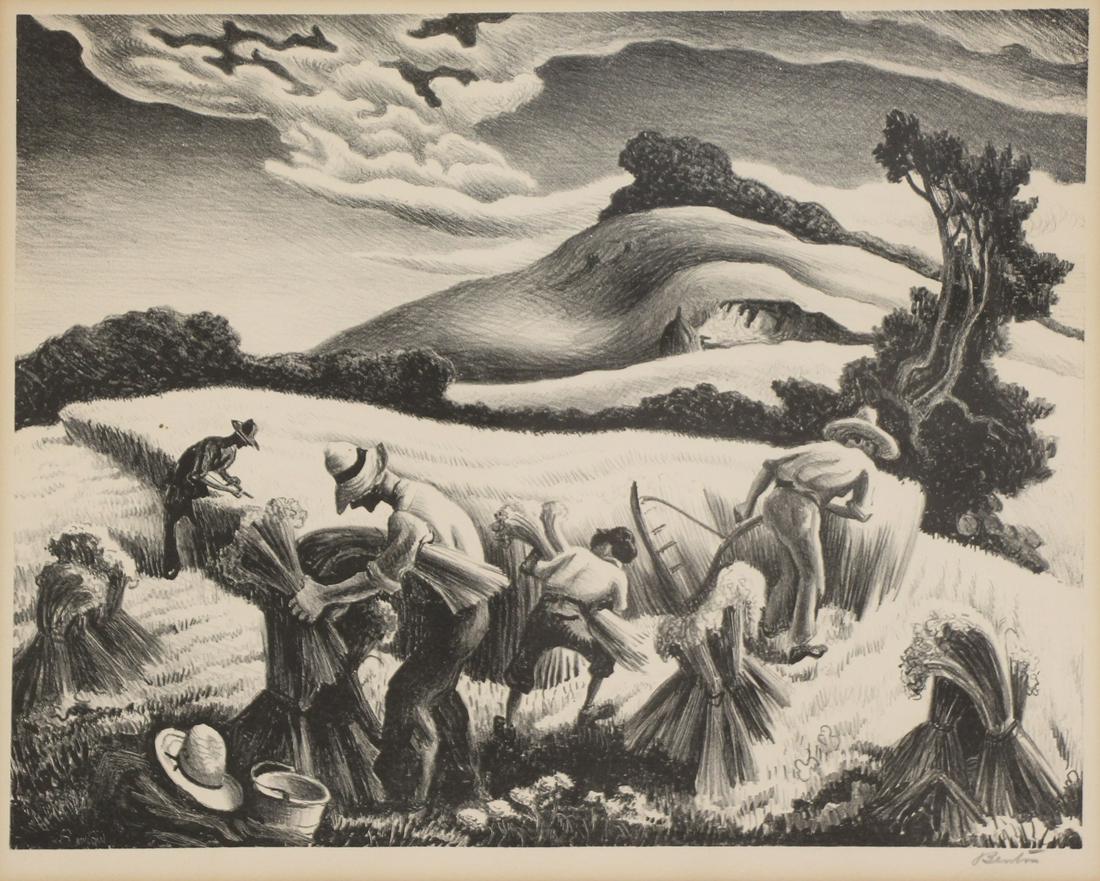 THOMAS HART BENTON (AMERICAN, 1889-1975): Lithograph. "Cradling Wheat". Lithograph. From a Westchester, NY collection. - Dimensions: 10.5" high x 13" wide