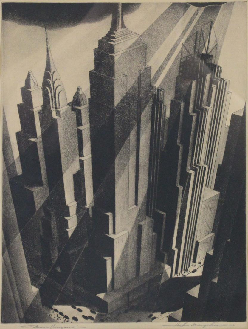 SAMUEL MARGOLIES (AMERICAN, 1897-1974).: Etching and Aquatint. "Man's Canyons". Circa 1936. Titled lower left. Signed lower right. From a Westchester, NY collection. - Dimensions: Sight: 12.25" high x 9.25" wide