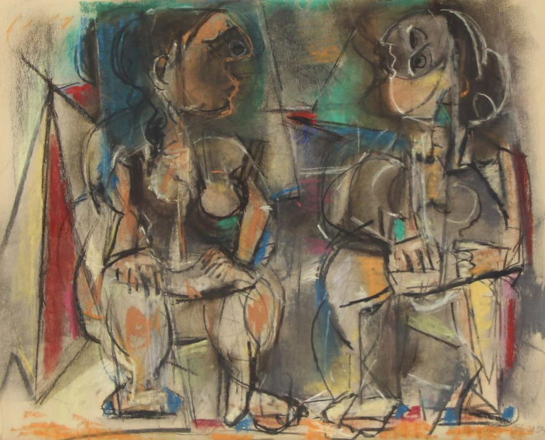 MAX WEBER (AMERICAN, 1881-1961).: Pastel. Two Seated Women. 1954. Bernard Danenberg Galleries label affixed verso. From a Scarsdale, NY collection. - Dimensions: 15.5" high x 18.5" wide