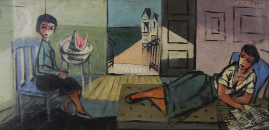 NICHOLAS TAKIS (AMERICAN, 1903-1965): Oil on Masonite. Interior Scene. Signed upper right. Signed verso. From a Franklin Square, NY collection. - Dimensions: 18" high x 36" wide