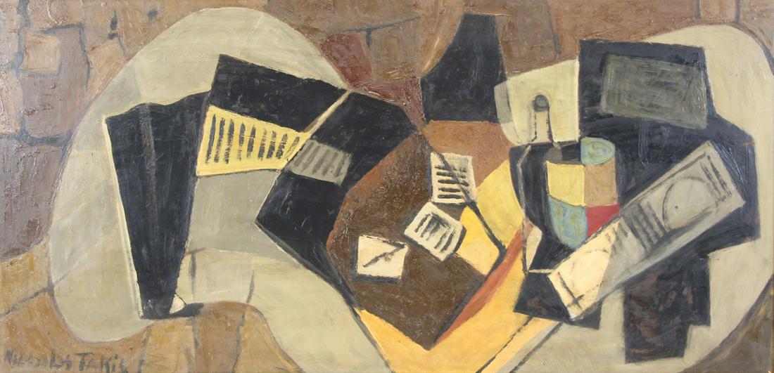 NICHOLAS TAKIS (AMERICAN, 1903-1965): Oil on Masonite. Cubist Still Life. Signed lower left. From a Franklin Square, NY collection. - Dimensions: 18" high x 36" wide