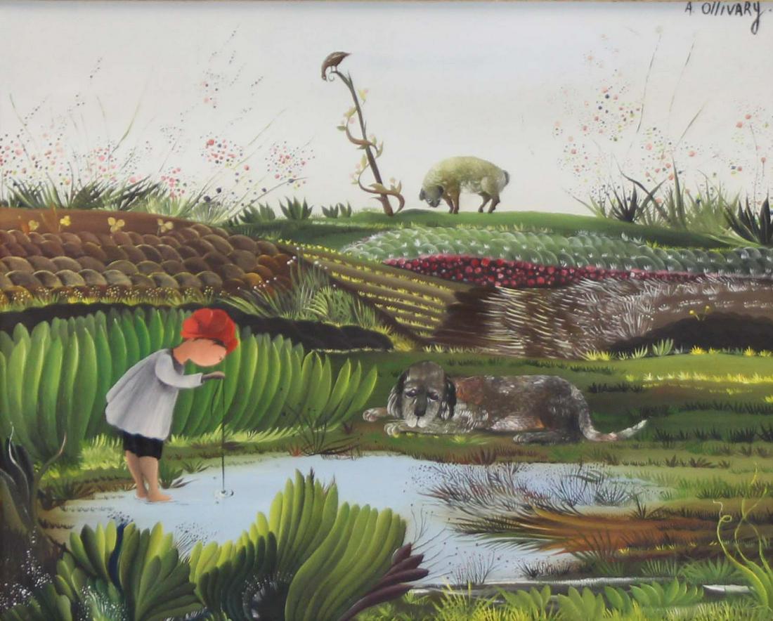 ANNETTE OLLIVARY (FRENCH, b. 1926).: Oil on Board. Fantasy Scene. Signed upper right. Wally Findlay Galleries label affixed verso. From the New Milford, CT collection of Skitch Henderson, bandleader for Johnny Carson and founder of the N