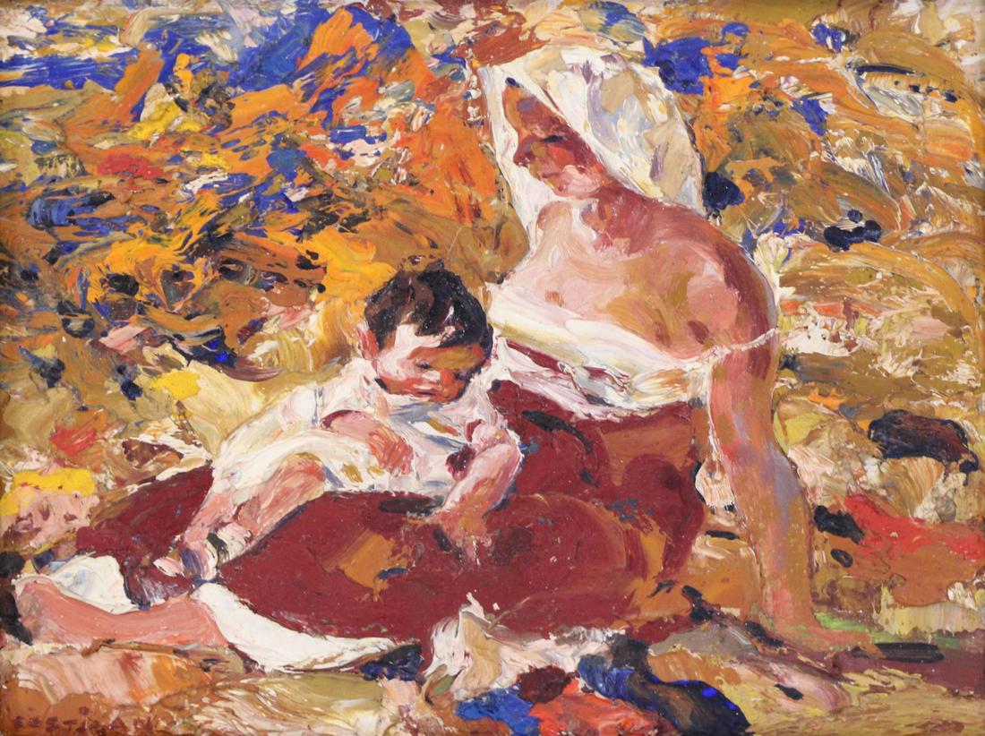 JOHN COSTIGAN (AMERICAN, 1888-1972).: Oil on Board. Mother and Child. From a Long Island, NY collection. - Dimensions: 8" high x 10" wide