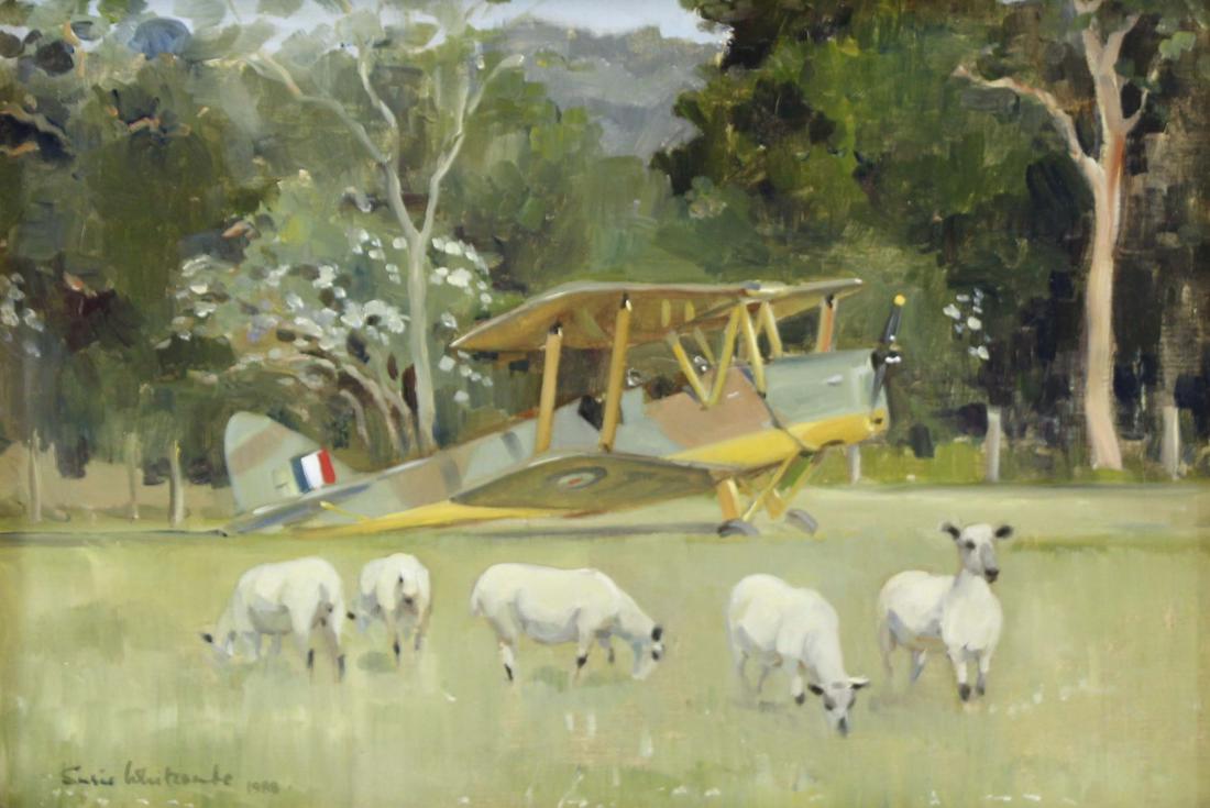 SUSIE WHITCOMB (BRITISH, b. 1957).: Oil on Canvas. "Tiger Moth" 1988. Signed and dated lower left. Titled, signed, and dated verso. From the New Milford, CT collection of Skitch Henderson, bandleader for Johnny Carson and foun