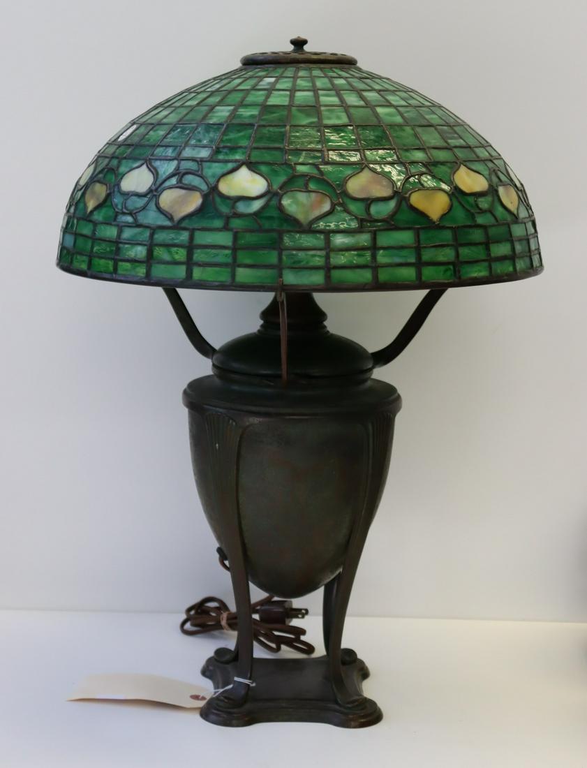 Tiffany Studios Bronze Table Lamp With Acorn Shade: Nice original lamp , shade signed and base aparantly not . From a Larchmont, NY estate . - Dimensions: shade 16"dia Lamp22" H