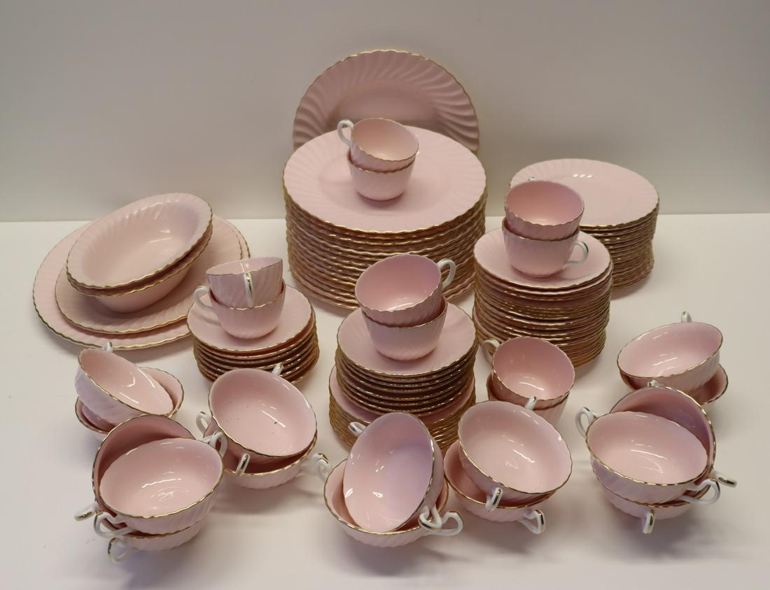 MINTON. Lot of Pink Colored Bone China: To include 16 Plates (10.75" dia), 16 Plates (8" dia), 12 Plates (6.25"), 15 two handle cups (4.5" dia), 10 cups (3.5" dia), one has a crack, 16 Saucers (5.75" dia), 15 S