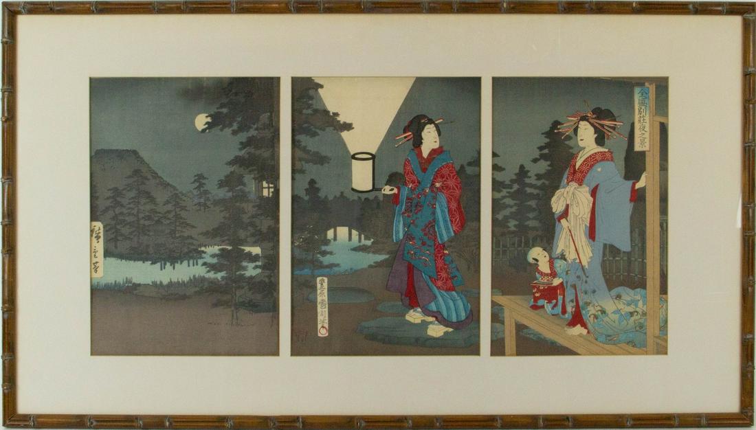 After Hiroshige I & Kunisada I. "Genji at: Japanese woodblock print, triptych. Dated 1889 (Meiji 22), which is well after Hiroshige and Kunisada published the joint "Genji at Night" print, and possibly was a design reused with a rede
