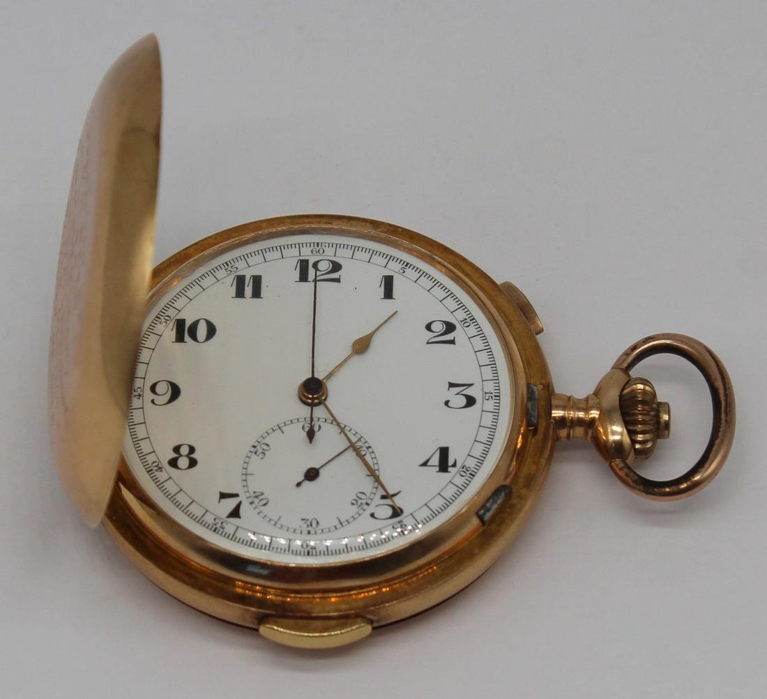 JEWELRY. Swiss 14kt Gold Minute Repeater Pocket: Watch. Interior of case inscribed, "56 14k 0.585 40243", with Swiss gold hallmark of a squirrel representing .583 gold, circa 1880-1934. Total approx. weight is 72.9 dwt. From a Teaneck, NY 