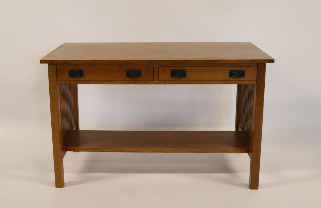 Stickley Audi Mission Style Oak Desk With Spindle: Sides. From a New Rochelle estate. - Dimensions: 48" x 24"D x 29.5"H