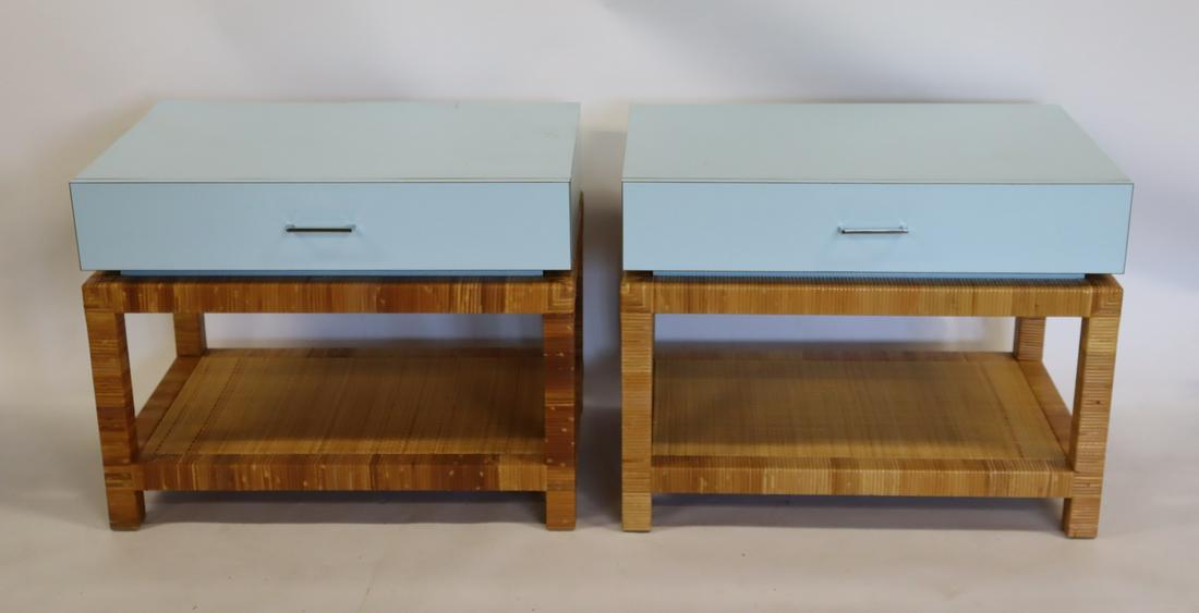 Pair Of Laminated 1 Drawer End Tables With Rattan: Bases. Very decorative and from a White Plains estate. - Dimensions: 32" x 21.5" x 25" h