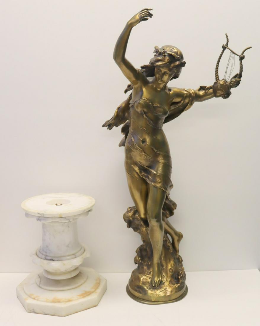 Mathurin Moreau (Fr 1822 - 1912) Very Large: Gilt Bronze Sculpture on a marble pedestal base. Signed and with foundry mark. From a Rye estate. Dimensions: Bronze: 41" h; Base: 41.75" x 14.5" dia.
