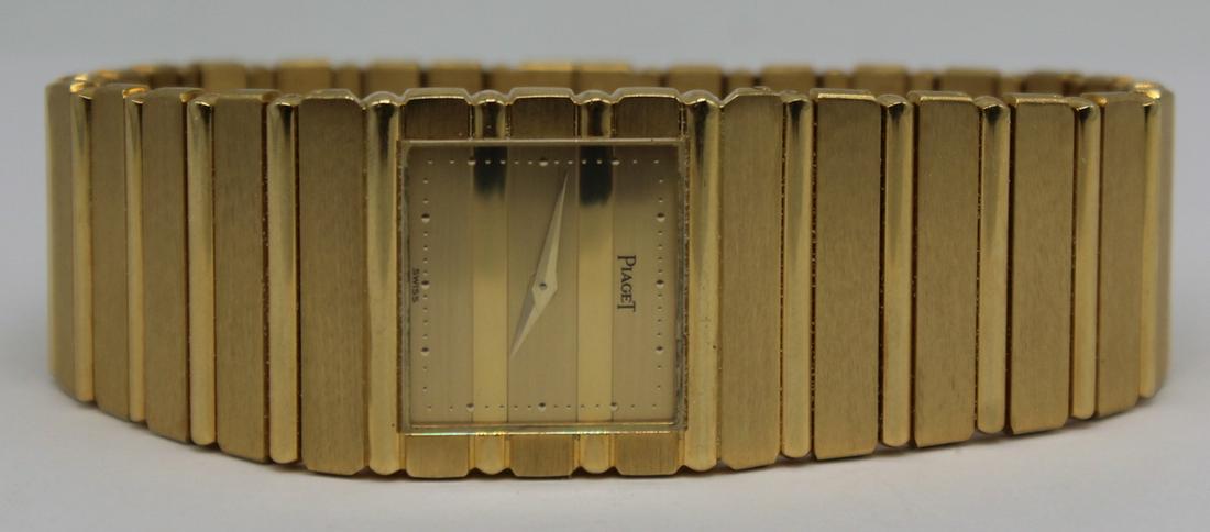 JEWELRY. Piaget 18kt Gold Polo Watch, 7131 C701.: Vintage Piaget Polo 18kt gold wrist watch, circa 1980. With graduated width band and fold over closure. Watch case stamped verso, "7131 C701 446466 Piaget Quartz Water Resistant"; with Swiss