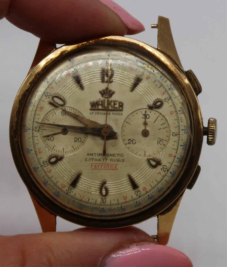 JEWELRY. Walker Ferrotex 18kt Chronograph Watch.: Vintage Walker Ferrotex 18kt gold Chronograph watch face. Watch face inscribed, "Walk La Chaux-De-Fonds Antimagnetic Extra 17 Rubis Ferrotex". Backside of watch case inscribed, "La Chau