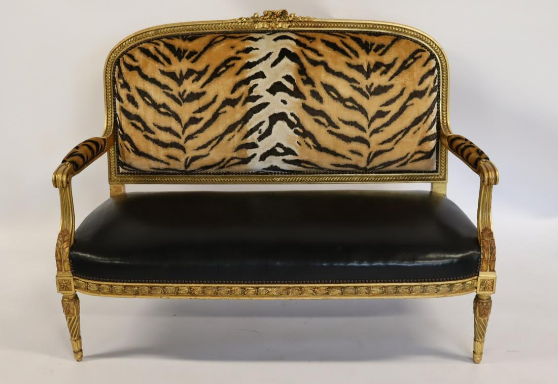 Antique Louis XV1 Style Giltwood Settee.: Very decorative with leather seat and Scalamandre animal print silk velour upholstery. From an East 89th St NYC estate.