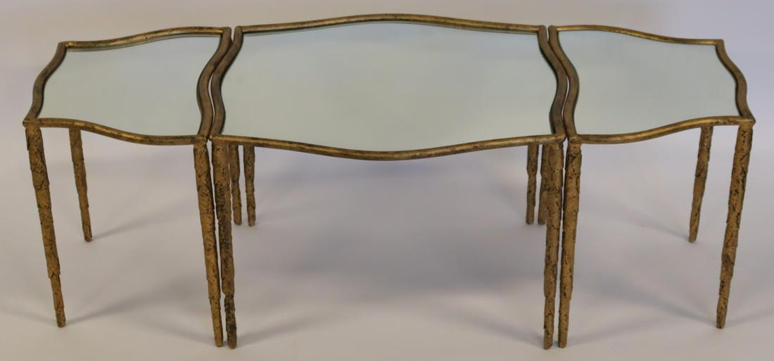 Maison Bagues Style 3 Piece Gilt Metal Coffee: Table . Great quality , good weight and serpentine sides . From a Rye estate . - Dimensions: 37.5"W x 20.5"D x 17"H