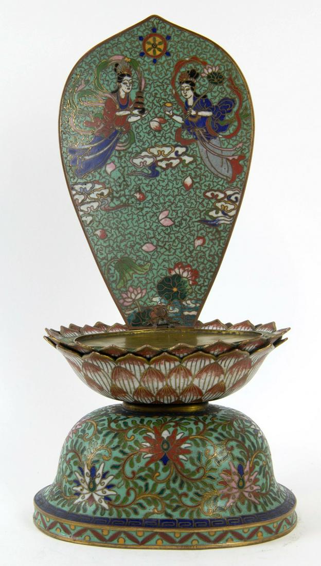 A Cloisonne Lotus-Form Buddhist Altar.: Chinese, 19th Century. The lotus-form pedestal rising from a floral base with turquoise ground, the mandorla decorated with apsaras, flower blossoms, and ruyi-form clouds, centered at the top with a s