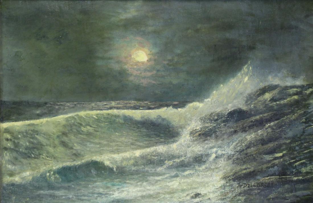 ALEXANDER DZIGURSKI (AMERICAN, 1911-1995).: Oil on Canvas. Seascape. From a Cresskill, NJ collection. - Dimensions: 12.25" high x 18" wide