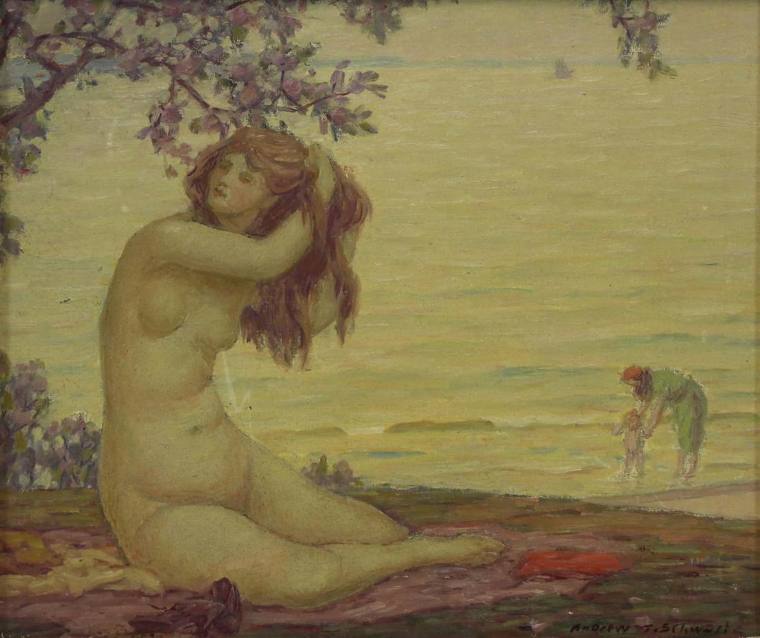 ANDREW THOMAS SCHWARTZ (AMERICAN, 1867-1942).: Oil on Board. Female Nude. Signed lower right. From a New York City collection. - Dimensions: 10" high x 11.5" wide