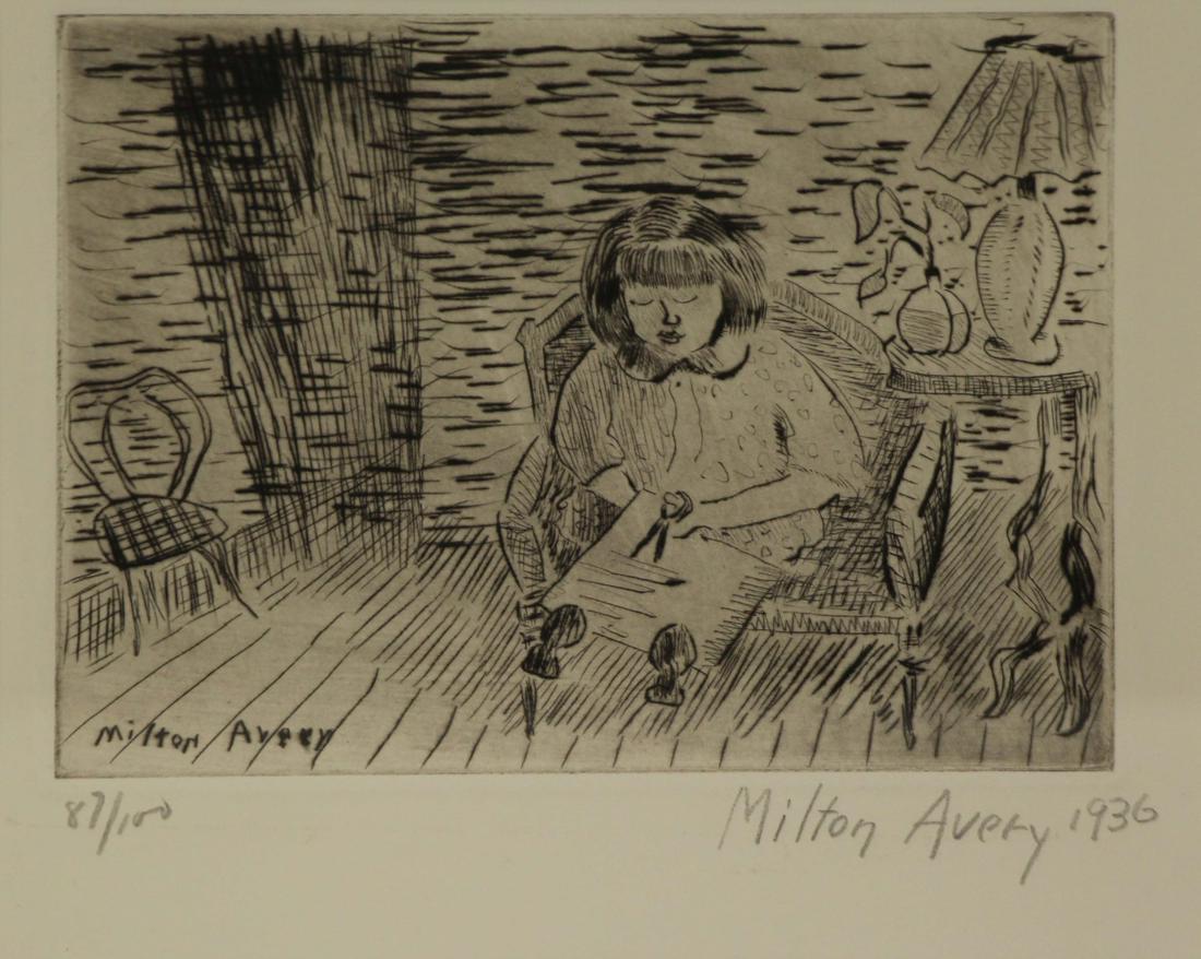 MILTON AVERY (AMERICAN, 1893-1965).: Drypoint. "Child Cutting (Study of March Avery). 1936. Signed and dated lower right. No. 87 from an edition of 100. From a Pennsylvania collection. - Dimensions: Sight: 6.75" high x 7.75" wide