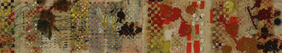 JUDY PFAFF (AMERICAN, b. 1946).: Mixed Media on Manuscript Paper. Untitled. 2002. Signed and dated lower right. Ameringer Yohe Fine Art Label affixed verso. From an Upper East Side, NYC collection. - Dimensions: 6.75" high x 34.75" w