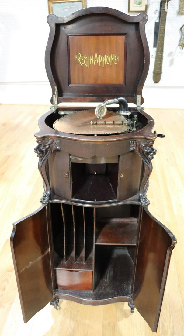 REGINAPHONE. Mahogany Lions Head Music Box: From a Schenectady, NY estate. - Dimensions: 50" H x 24" W x 21" D