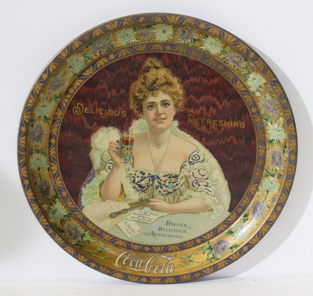 Rare 1903 Coca Cola Tin Tip Tray Lithographed: A beautiful 1903 Coca Cola tin tray, 9 11/16" diameter. "Delicious Refreshing", "Drink/ Delicious/ And Refreshing" "Chas. W. Shonk Co. Litho Chicago". Some crackling