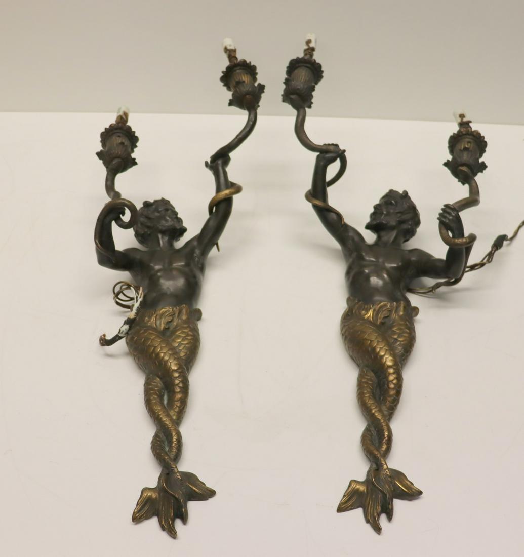 Antique And Quality Pair Of Patinated And Gilt: Bronze Merman Sconces. Nice size and very decorative with snakes. From a Bronxville estate. - Dimensions: 24" x 12"