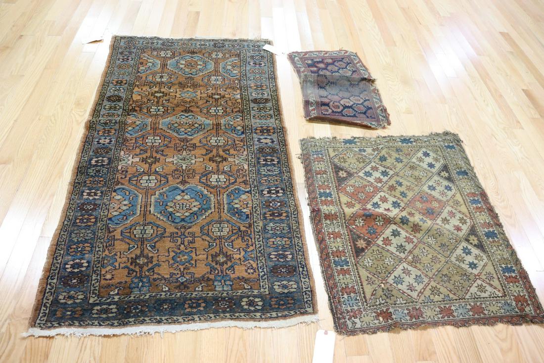3 Antique And Finely Hand Woven Throw Rugs: From a Great Neck, L.I. estate. Dimensions: 2ft 9" x1ft 6", 3ft 5" x 2ft 10" and 6ft 1" x 3ft 3".