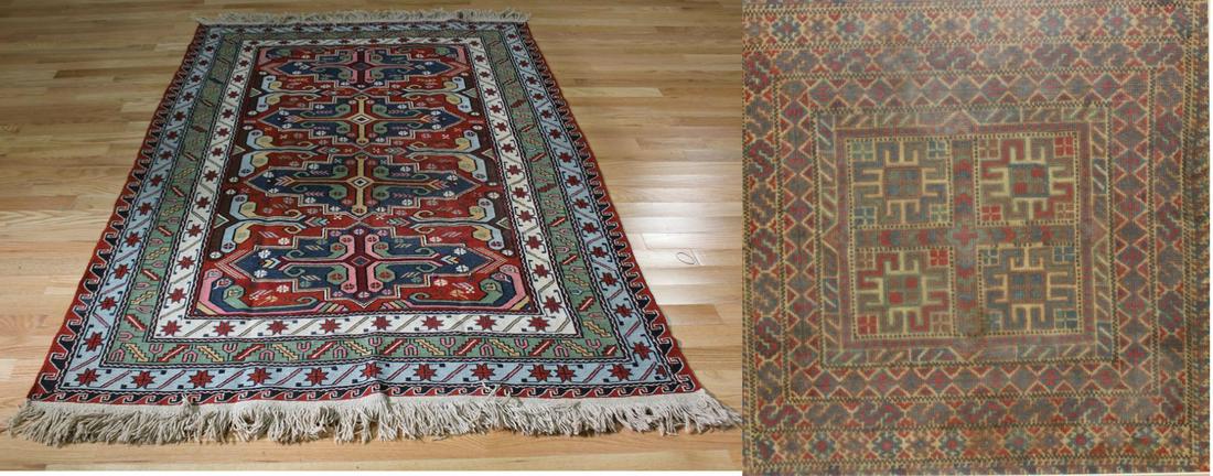 Vintage and Finely Hand Woven Area Carpet Together: With Hand Woven Armenian Tapestry Framed (15" x 15 1/2"). From a Rye NY estate. - Dimensions: Carpet: 7ft 9" x 5ft 8"