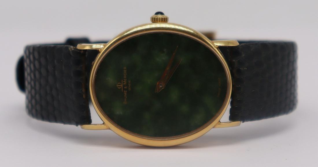 JEWELRY. Baume & Mercier 18kt Gold and Jade Watch.: Vintage Baume & Mercier 18kt yellow gold watch with jade face. Baume & Mercier movement, 17 jewels. Accompanied by (1) Lapis Lazulis and (1) Rhodolite watch face. Sapphire crown. Interior of watch cas