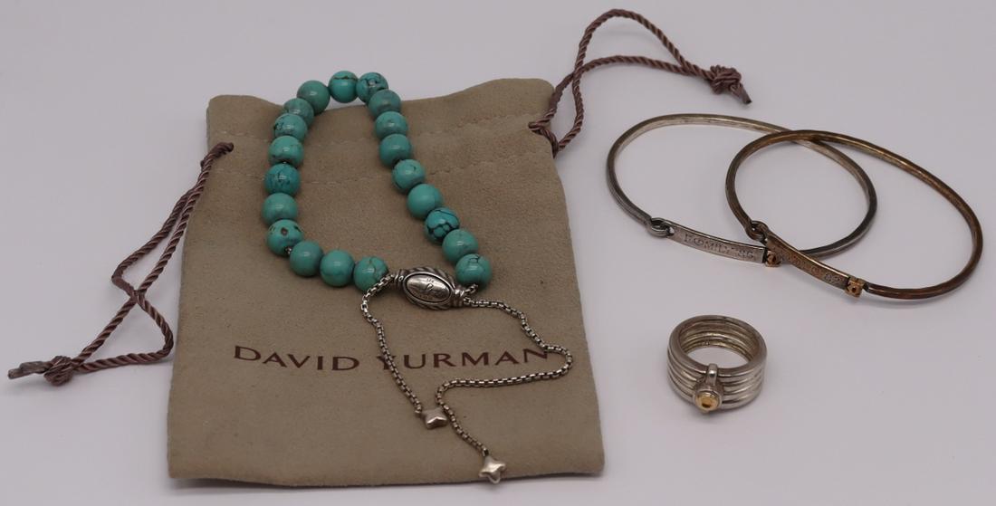 JEWELRY. Grouping of Couture Jewelry Inc. Cartier.: Includes a Movado conjoined quadruple band sterling ring with 18kt yellow gold detailing, stamped, "750 Movado 925" to interior of shank";a David Yurman sterling and turquoise beaded br