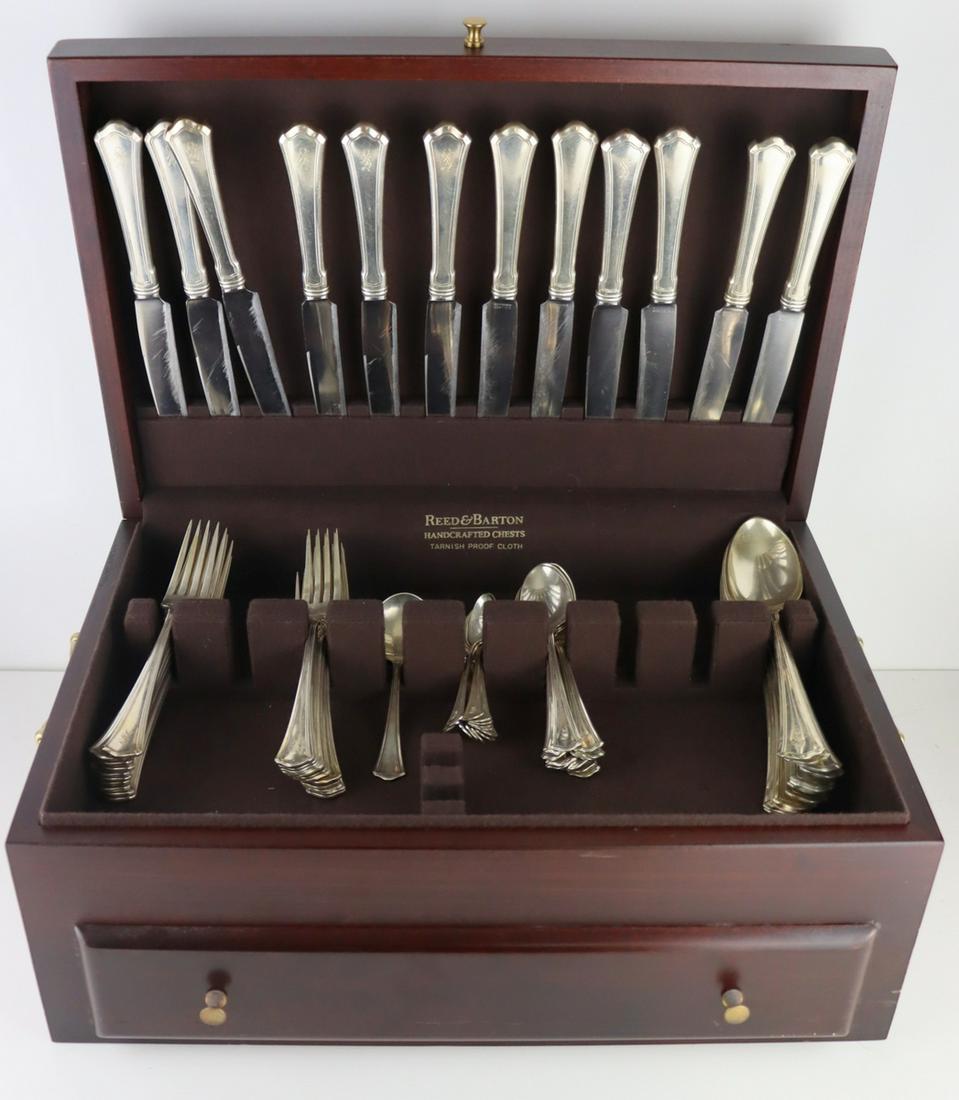 STERLING. Wallace Silversmiths Washington Flatware: Includes (11) forks - approx. 7 1/2" in length; (12) forks - approx. 7 1/8" in length; (11) teaspoons - approx. 5 7/8" in length; (12) demitasse spoons - approx. 4 1/4" in length;