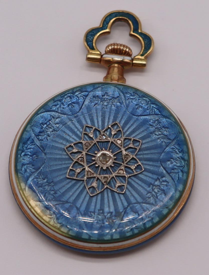 JEWELRY. Bailey Banks & Biddle 14kt Gold, Enamel: and Diamond Pocket Watch. Includes a Bailey Banks & Biddle 14kt yellow gold open face pocket with light blue and white guilloche enamel decorated; backside of case with applied star form decoratio