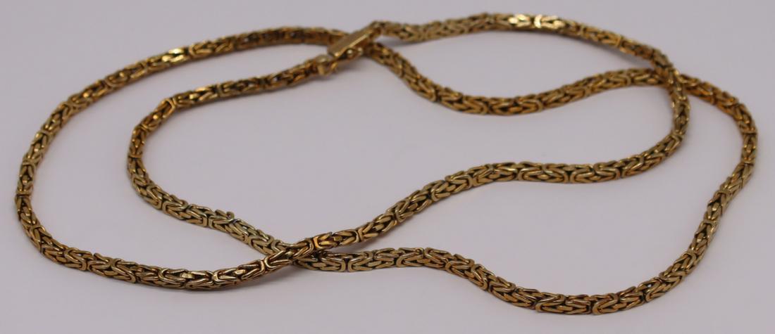 JEWELRY. Tiffany & Co. 14kt Gold Byzantine Chain: Necklace. Includes an Italian Tiffany & Co. 14kt yellow gold Byzantine link chain. Stamped, "Tiffany & Co, Italy 14K". Total approx. weight is 32.0 dwt. From a Westchester, NY estate