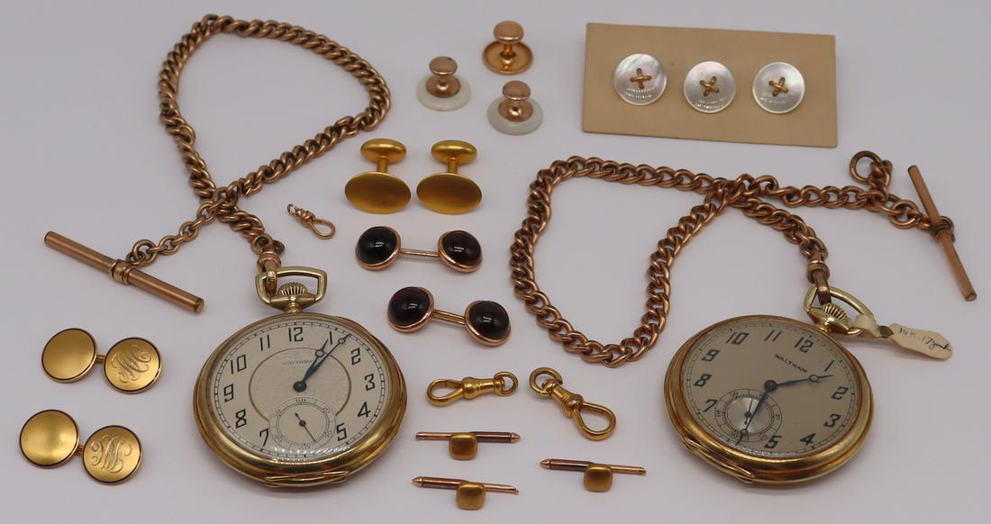 JEWELRY. Assorted Men's Gold Jewelry Grouping.: Includes a Waltham 14kt yellow gold open face pocket watch with subsidiary seconds dial - Waltham movement, 17 jewels, no. 24755673, interior of case no. 6118257, on a Simmons gold-filled watch fob; a