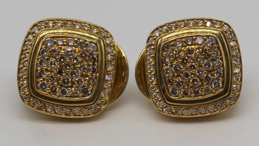 JEWELRY. David Yurman 18kt Gold and Diamond: Earrings. David Yurman 18kt yellow gold earrings with central square cluster of pave diamonds and a second tier pave diamond surround. Total of approx. (125) round diamonds measuring approx. 0.005mm e