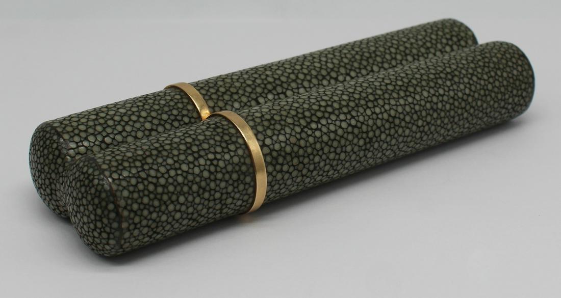 GOLD. 14kt Gold Mounted Shagreen Cigar: Case. Signed 14kt yellow gold mounted shagreen double cigar case/holder. Stamped, "14k" with an unidentified maker's mark in circular frame. From an E 89th St, Manhattan estate. Dimensions: 